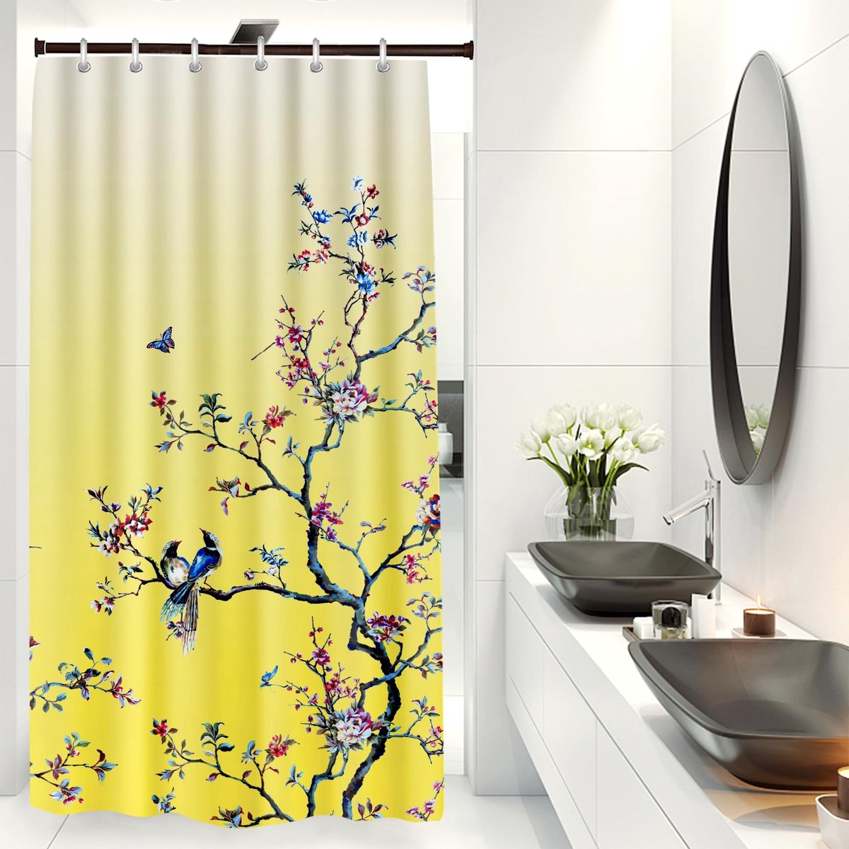 Omgoods - Geel Bloemen Douchegordijn 90 x 180 cm Waterdicht en Schimmelbestendig