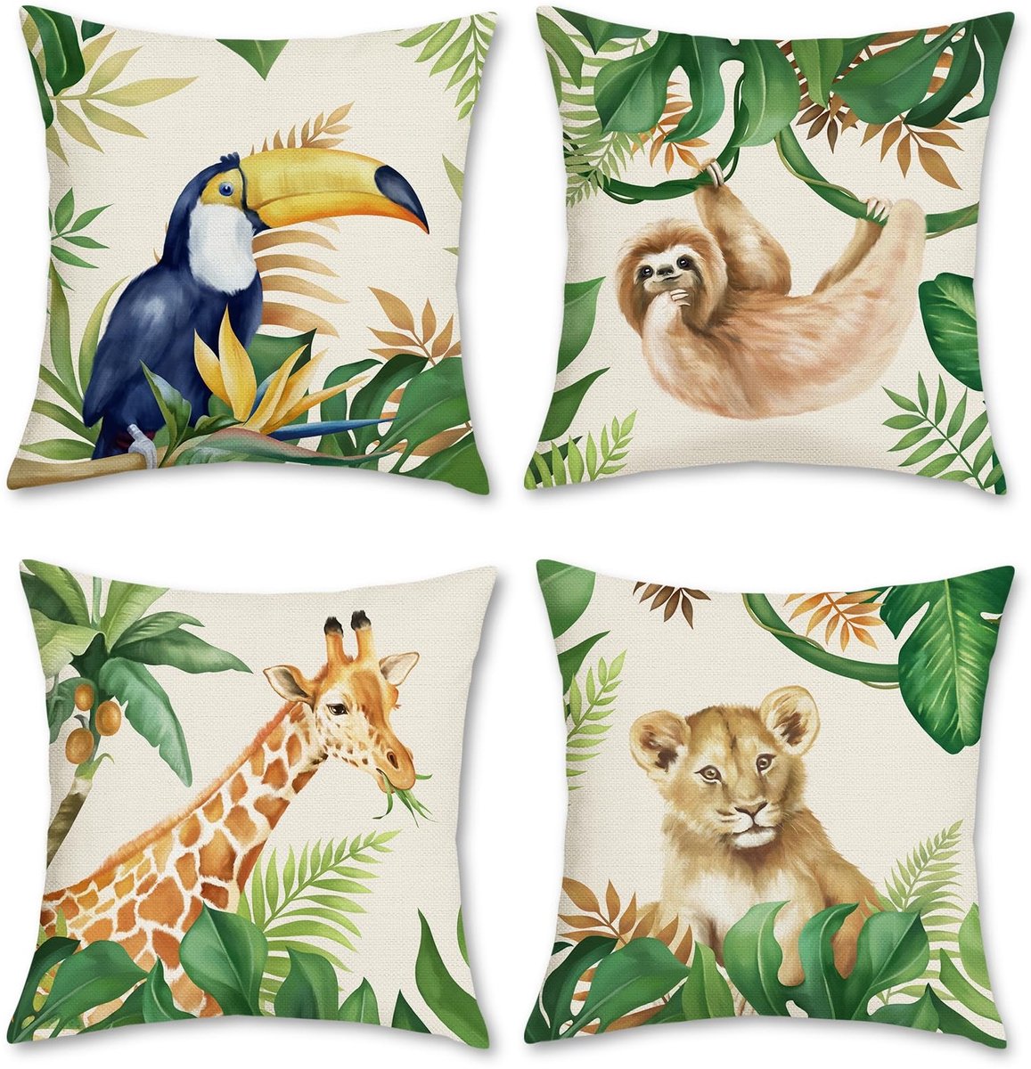 Omgoods- Kussenslopen Jungle Dieren - Set van 4 - 45 x 45 cm - Polyester Linnen - Decoratieve Kussenhoezen - Zomer Outdoor Decor