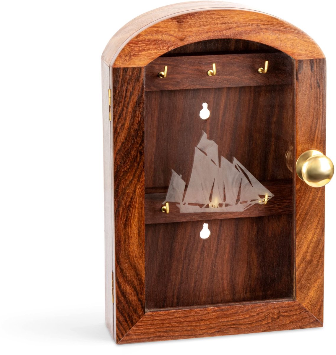 Omgoods - Houten Sleuteldoos met Glazen Deur en 6 Haken