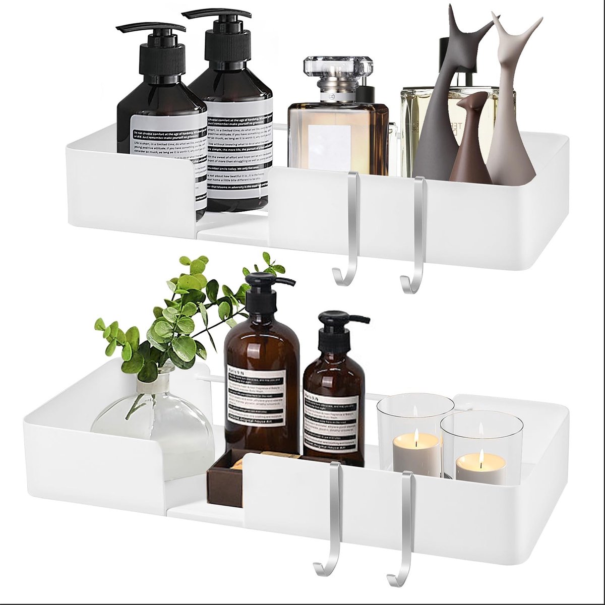 Omgoods- Badkamerplanken Set van 2 - Wandmontage zonder boren - Zelfklevende Planken - Decoratieve Opbergplanken - Inclusief 4 Haken - Ruimtebesparend Ontwerp - Douchecaddy