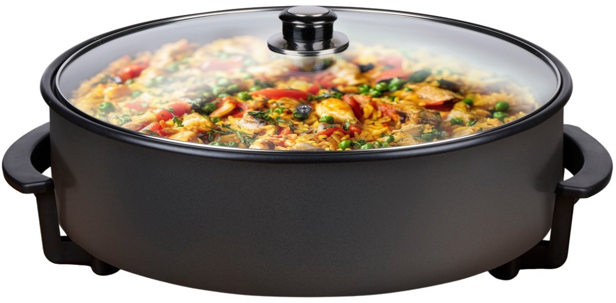alpina Elektrische Hapjespan Ø42 cm - Multifunctionele Partypan 1500W - met Deksel en Antiaanbaklaag - Max. Temperatuur 240°C - voor Pizza, Paella, Kip, Vlees en Meer