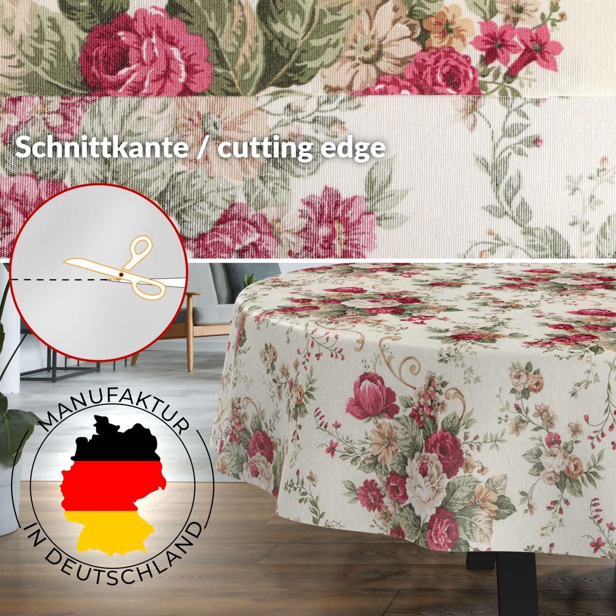 Omgoods - Ovale Tafelkleed van Katoen en Polyester, Vlekafstotend, Rozen, 240 x 140 cm