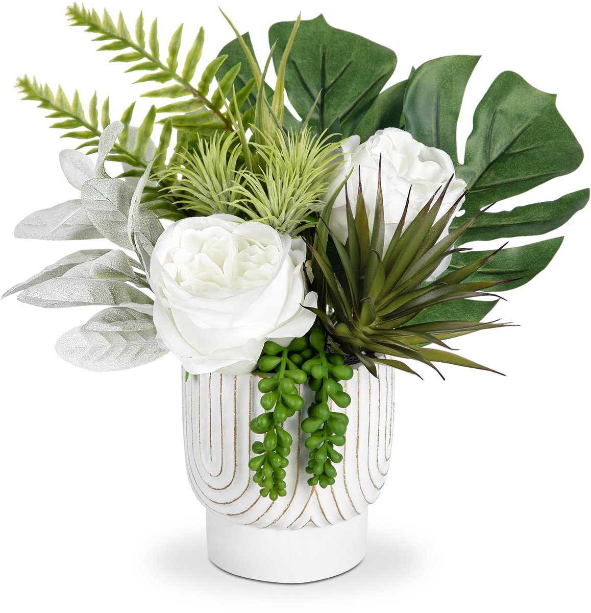 Omgoods - Kunstbloemen in Keramische Pot - Nep Witte Rozen voor Interieurdecoratie