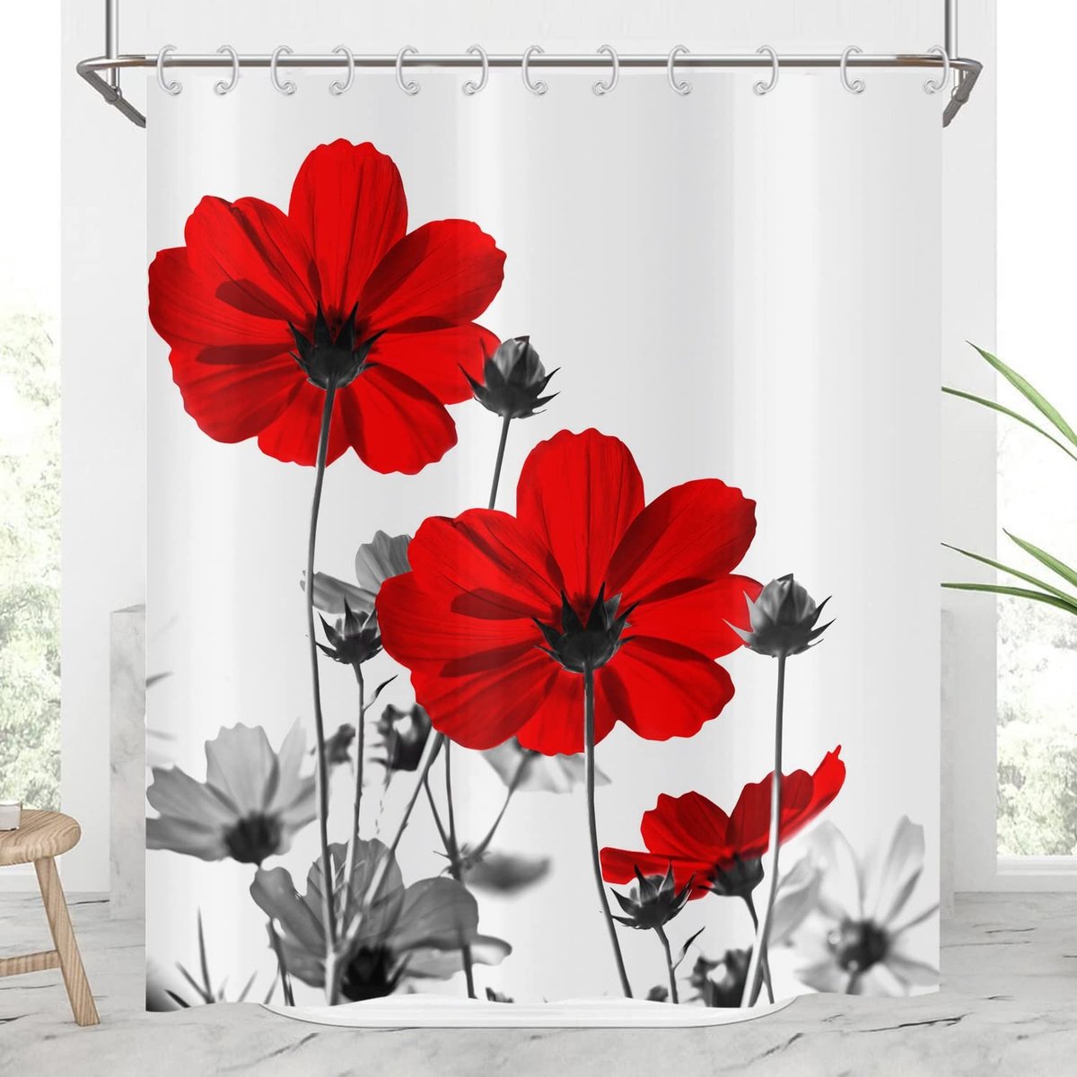 Omgoods - Douchegordijn 180x200 cm met Rode en Grijze Bloemen