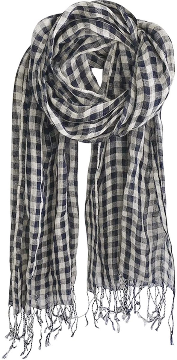 Omgoods - Lichtgewicht Linnen Sjaal voor Dames en Heren in Navy Blauw met Ruitpatroon