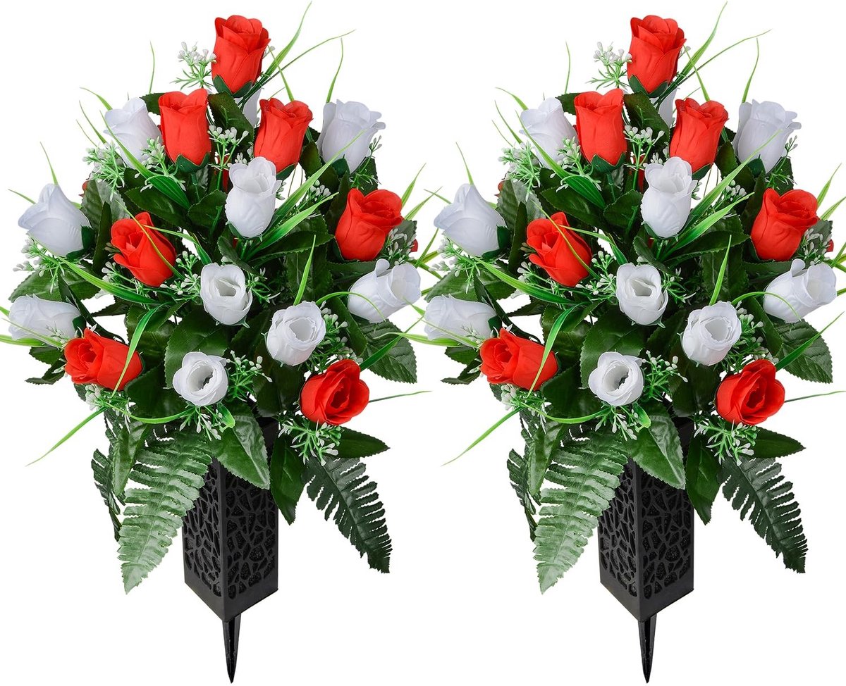 Omgoods - Set van 2 Kunstmatige Begrafenis Rozen met Vaasje voor Monumentdecoratie