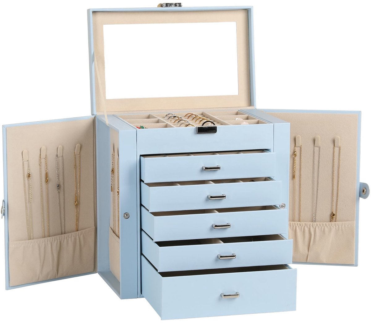 Omgoods- Sieradenkistje met slot - Kunstleer - Multifunctionele opbergdoos - Spiegel - 6 niveaus - 5 laden voor halskettingen/armbanden - Sieradenopbergdoos