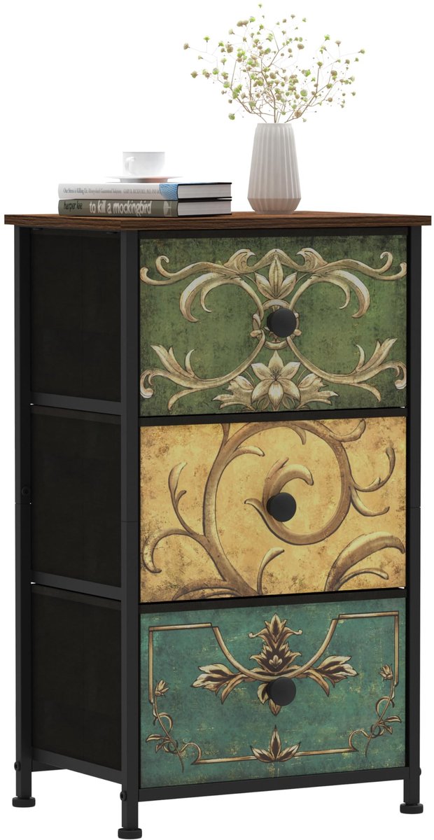 Omgoods - Smalle Ladekast met 3 Stoffen Lades Bohemian Stijl