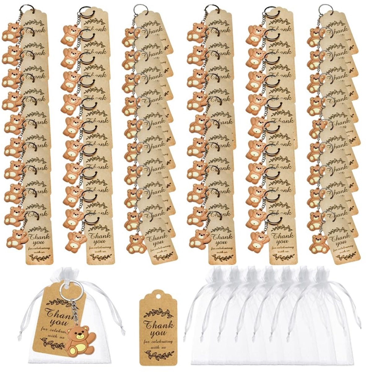 Omgoods - Set van 60 Cadeaus voor Feestjes met Beren Sleutelhangers en Organza Tassen