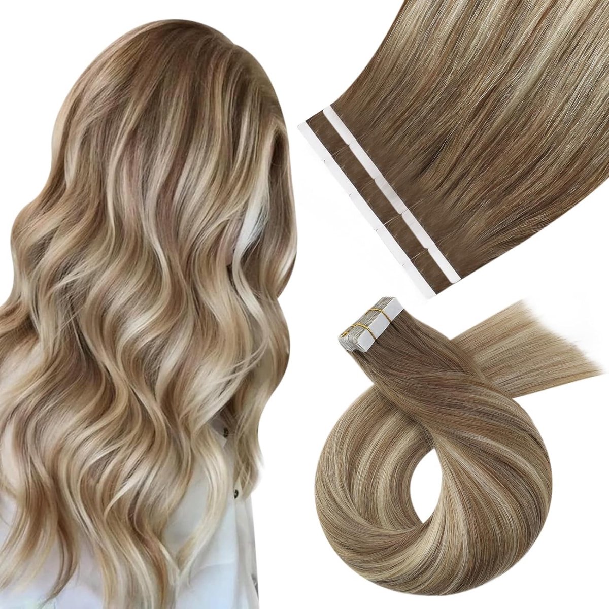 Omgoods - Tape in Hair Extensions - Echt Haar, Balayage Lichtbruin met Medium Blond 50cm