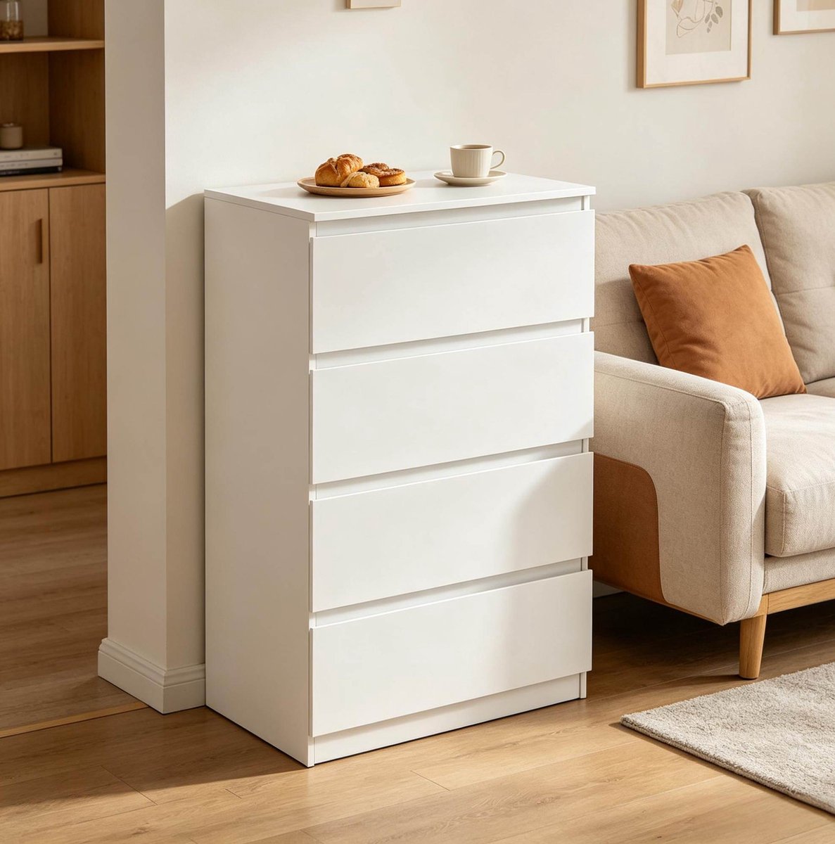 FloraGrace Dressoir - Minimalistische Ladekast Met 4 Lades - Voor Slaapkamer, Hal En Woonkamer - Hout Met Melamine - 60x40x90 Cm - Wit