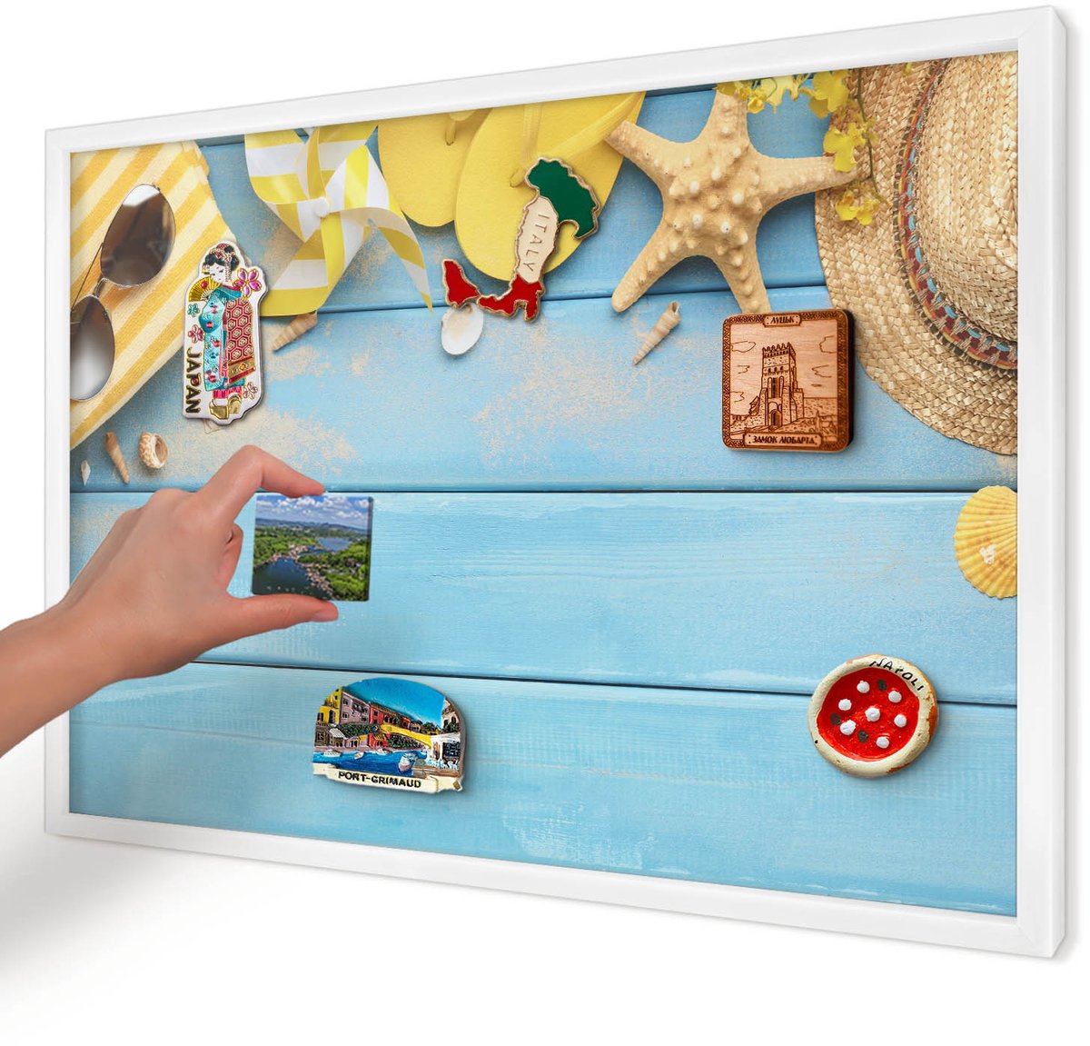 Artprintcave Blauw Magneetbord mit Witte Lijst - 60x40 cm - Strandsfeer Notitiebord - Boho Wandbord Magnetisch - Reis