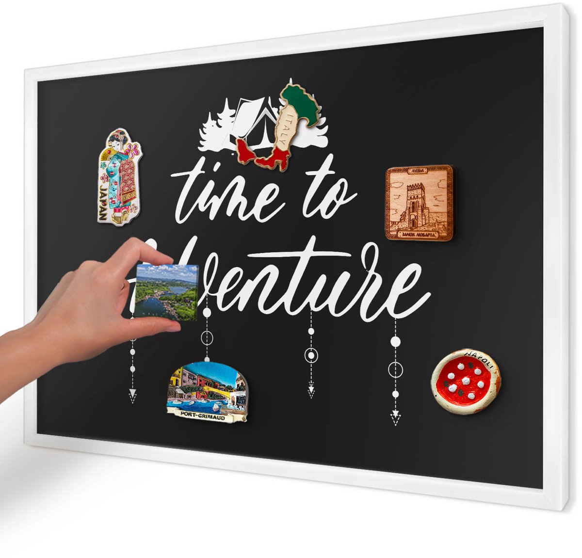 Artprintcave Zwart Magneetbord mit Witte Lijst - 60x40 cm - Avontuur Wacht. Magnetische Organizer - Modern Memobord Keuken - Teksten