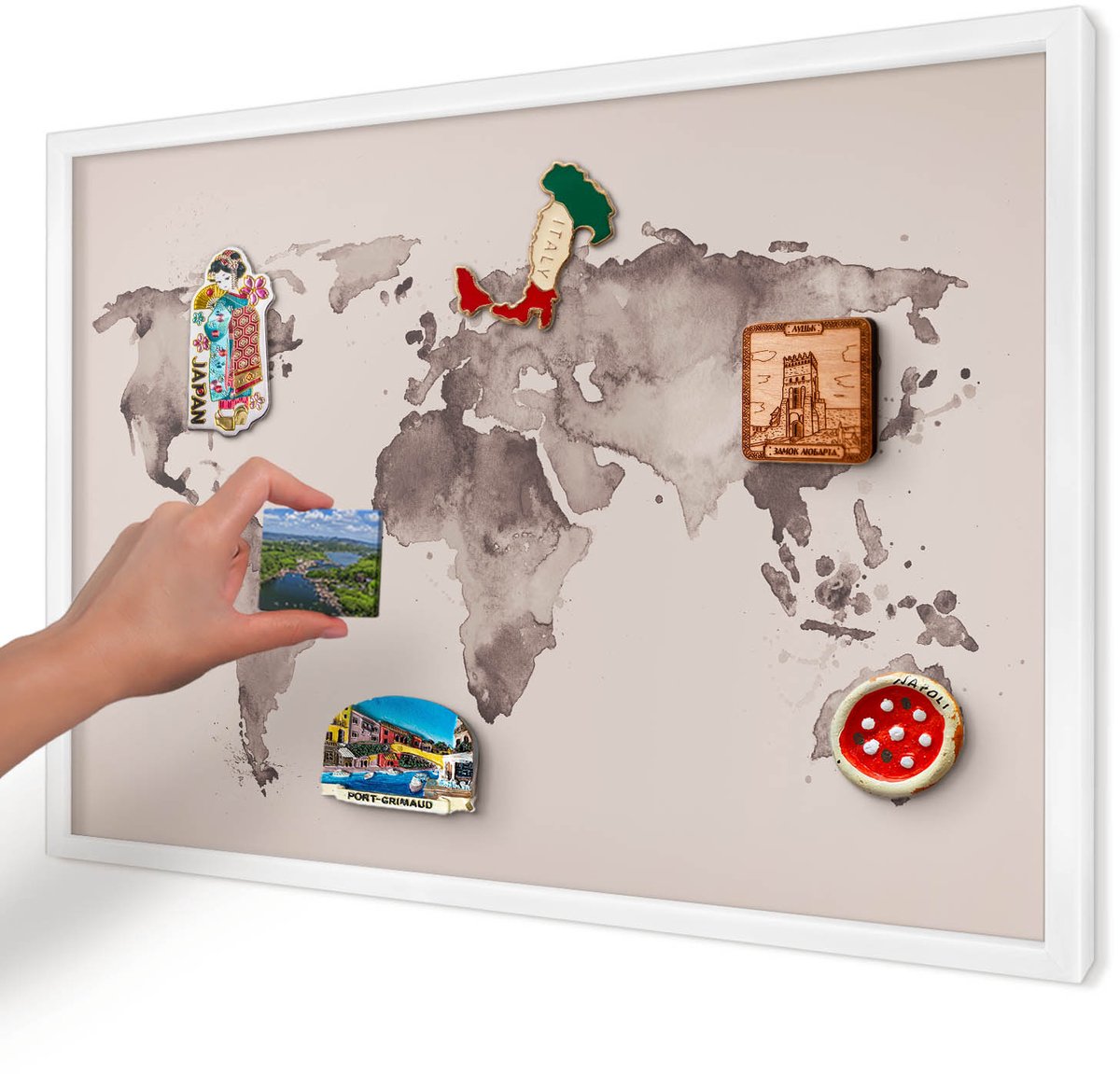 Artprintcave Bruin Magneetbord mit Witte Lijst - 60x40 cm - Wereldkaart Memobord Keuken - Waterverf Notitiebord - Kaarten