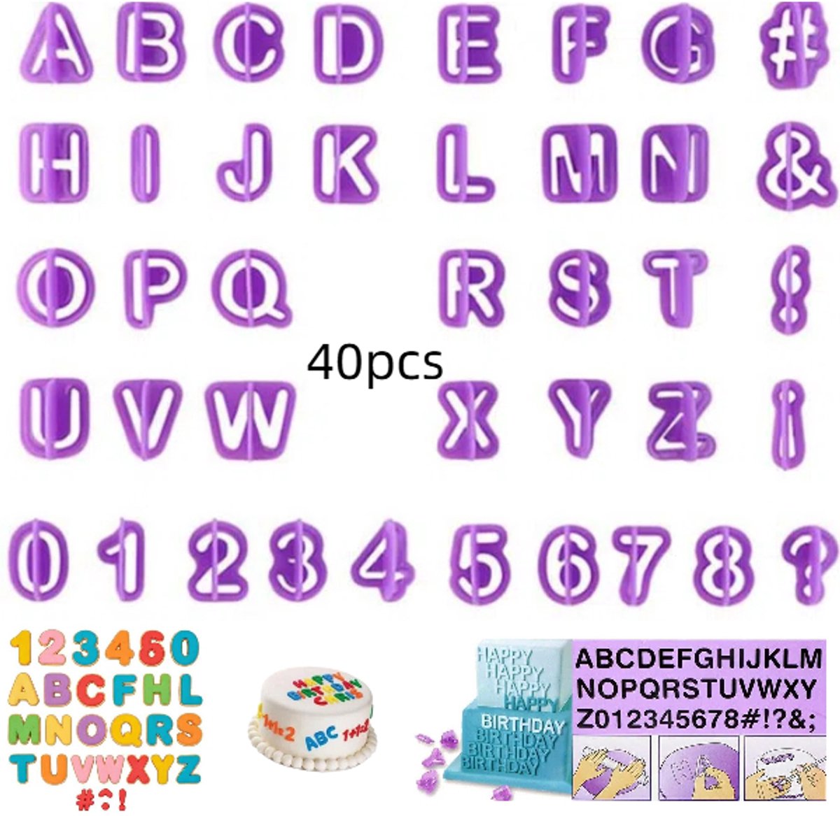40 stuks- Alfabet- en cijferkoekjesvormen - Vormpjes voor royal icing decoratie - Fondant alfabet- en cijferstempels om zelf te maken - Taartdecoratievormen - Paars - Geschikt voor verjaardagstaarten, koekjes, fondant en kleimodellering