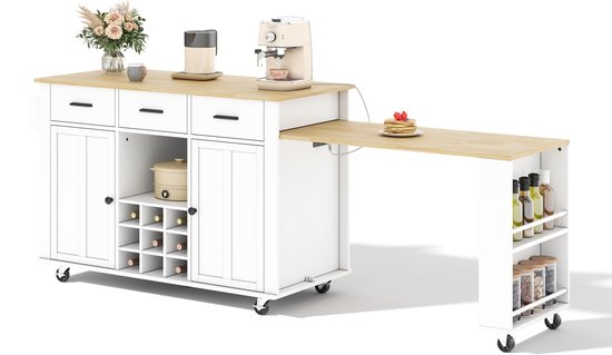 FloraGrace Keukeneiland - Uitschuifbaar Werkblad Met Stopcontact En Usb - 3 Laden En Wijnrek Voor Keuken - Hout - 136x50x93 Cm - Wit Eiken — afbeelding 3