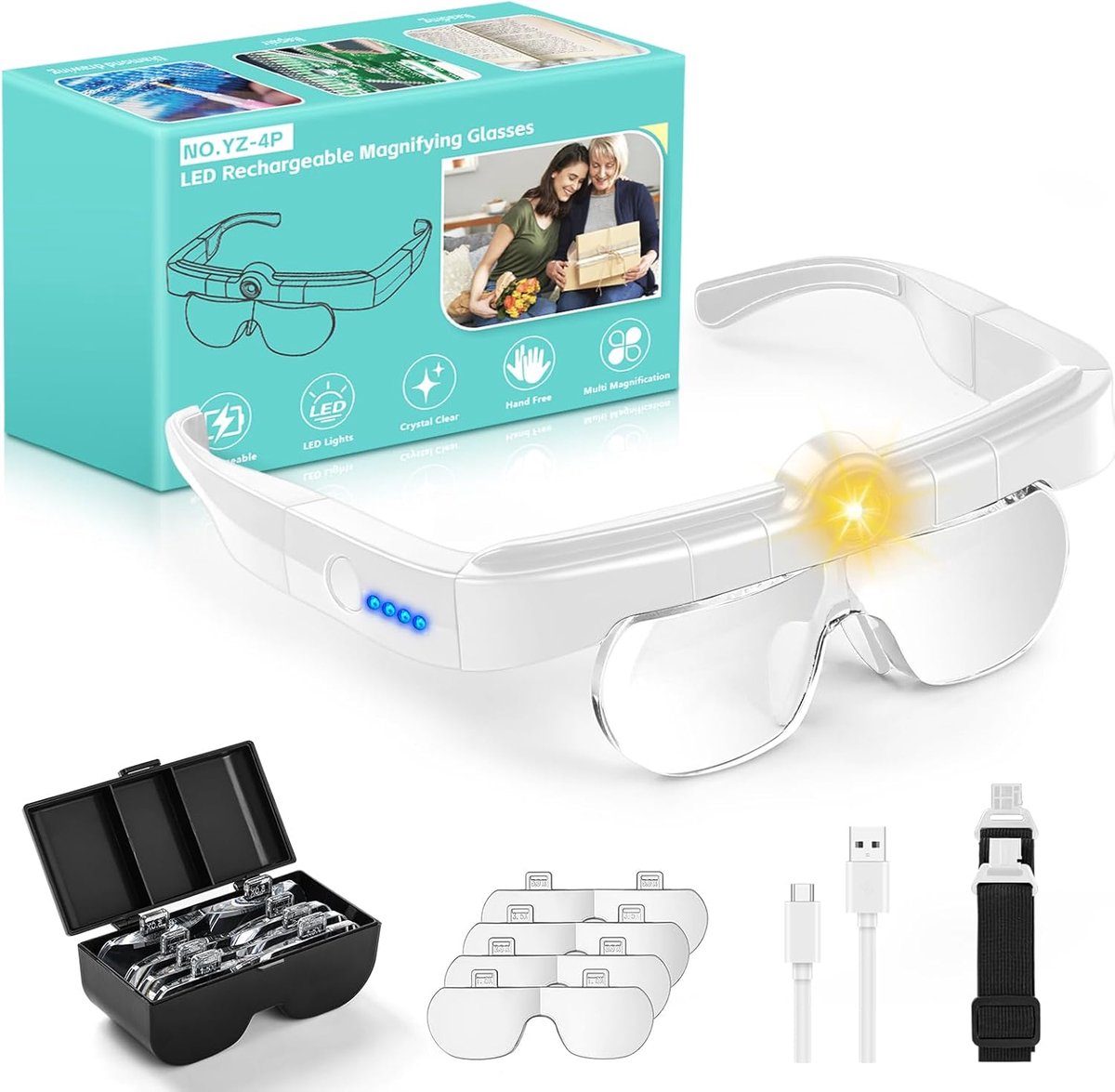 SnelShoppen - LED Vergrootglazen met 3 Kleurtemperaturen, Oplaadbare Handsfree Hoofdmagnifier met 1.5x, 2.5x, 3.5x, 5x Verwisselbare Lenzen voor Hobby