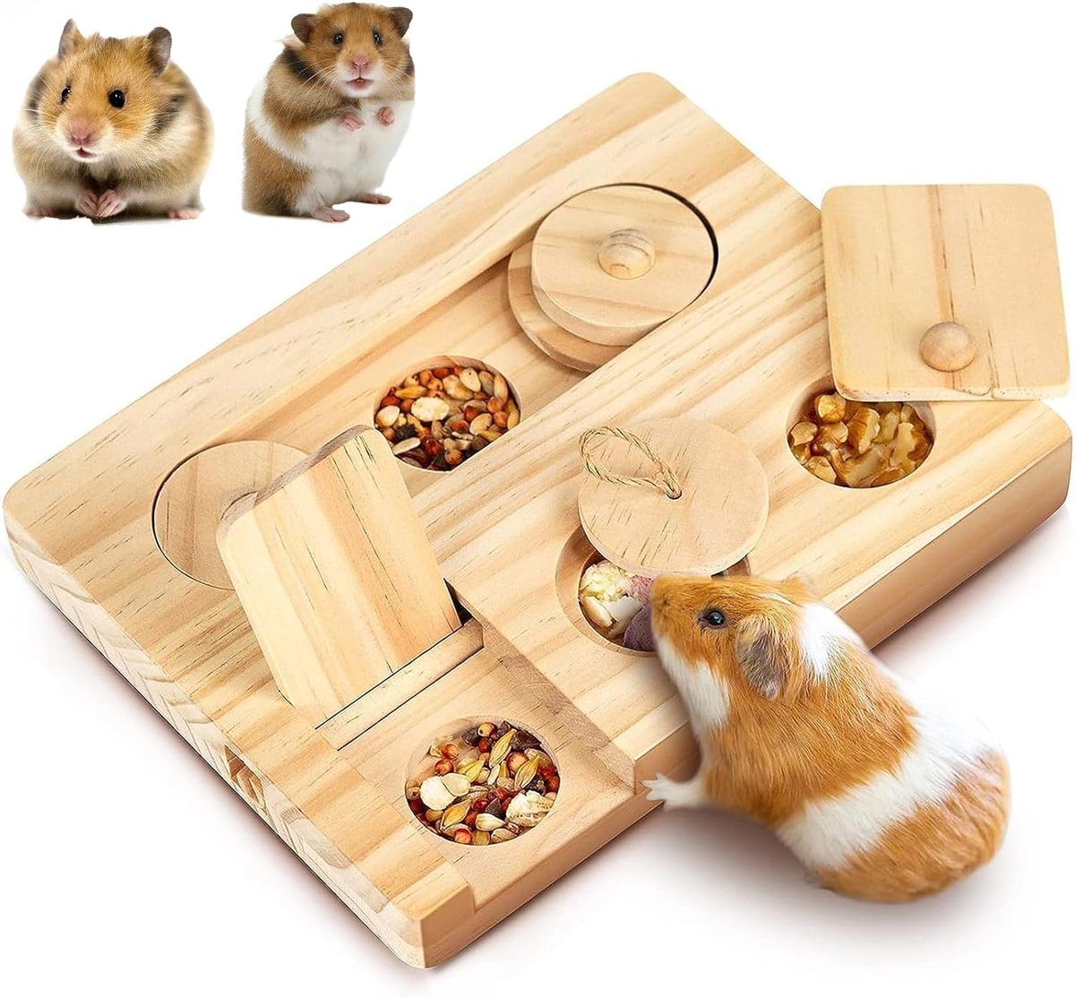 SnelShoppen - 6 in 1 Hamster Speelgoed, Houten Accessoires voor Cavia's, Chinchilla's, Konijnen en Dwerghamsters, Snack Compartimenten, Stimuleert Voe