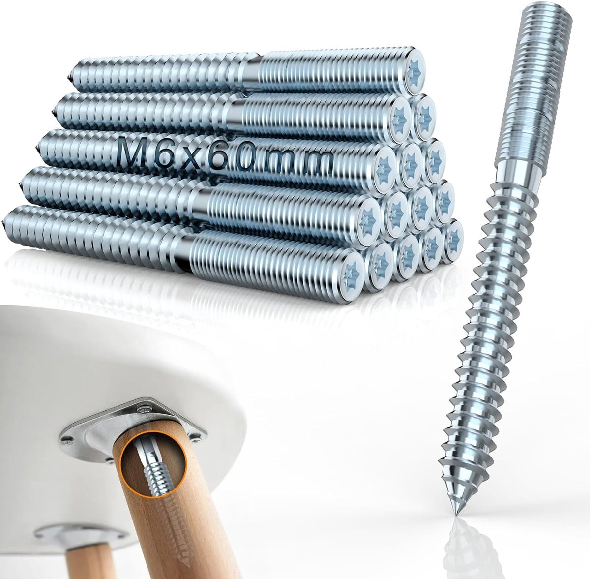 M6 Torx stickschroeven 60 mm - verzinkt staal - dubbele draad - stevige bevestiging voor meubels - ShopVlot