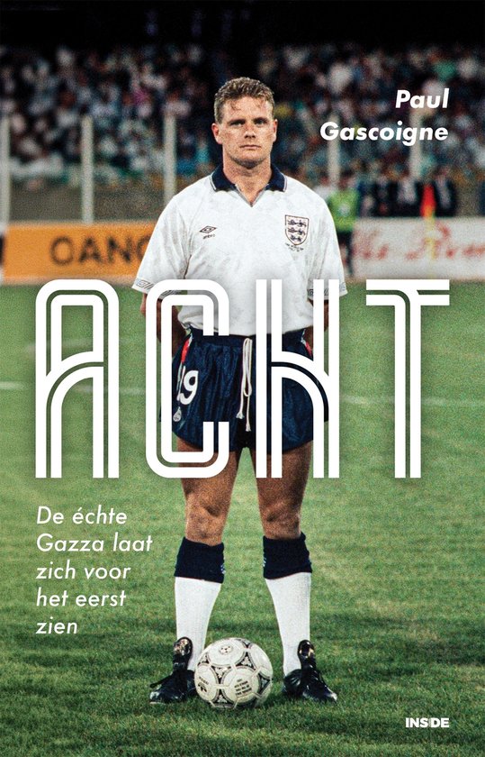 Paul Gascoigne in een wit Umbro shirt en blauwe short met nummer 19, met grote witte letters 'ACHT'.