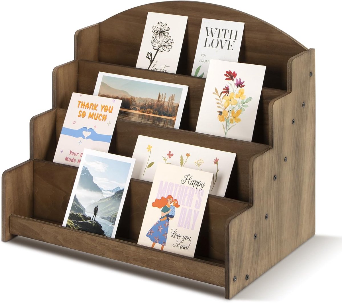 SnelShoppen - Houten Kaartenstandaard voor Postkaarten en Stickers, 4-Lagen Organizer en Opslagstand, Bruin, Vintage Decoratie voor Woonkamer en Winke