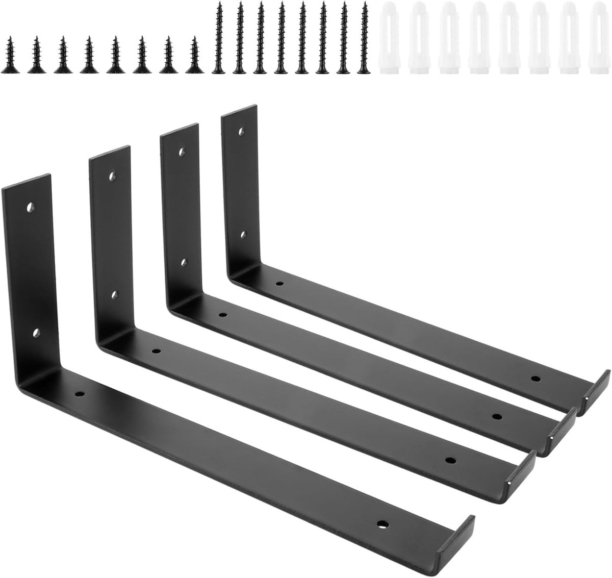 SnelShoppen - Set van 4 Zwarte Plankdragers, 30 x 3 x 0.5 cm, L-vormige Wandbeugels, Drijvende Planksteunen, Hoekhouder voor Boeken, Planten, Keuken e