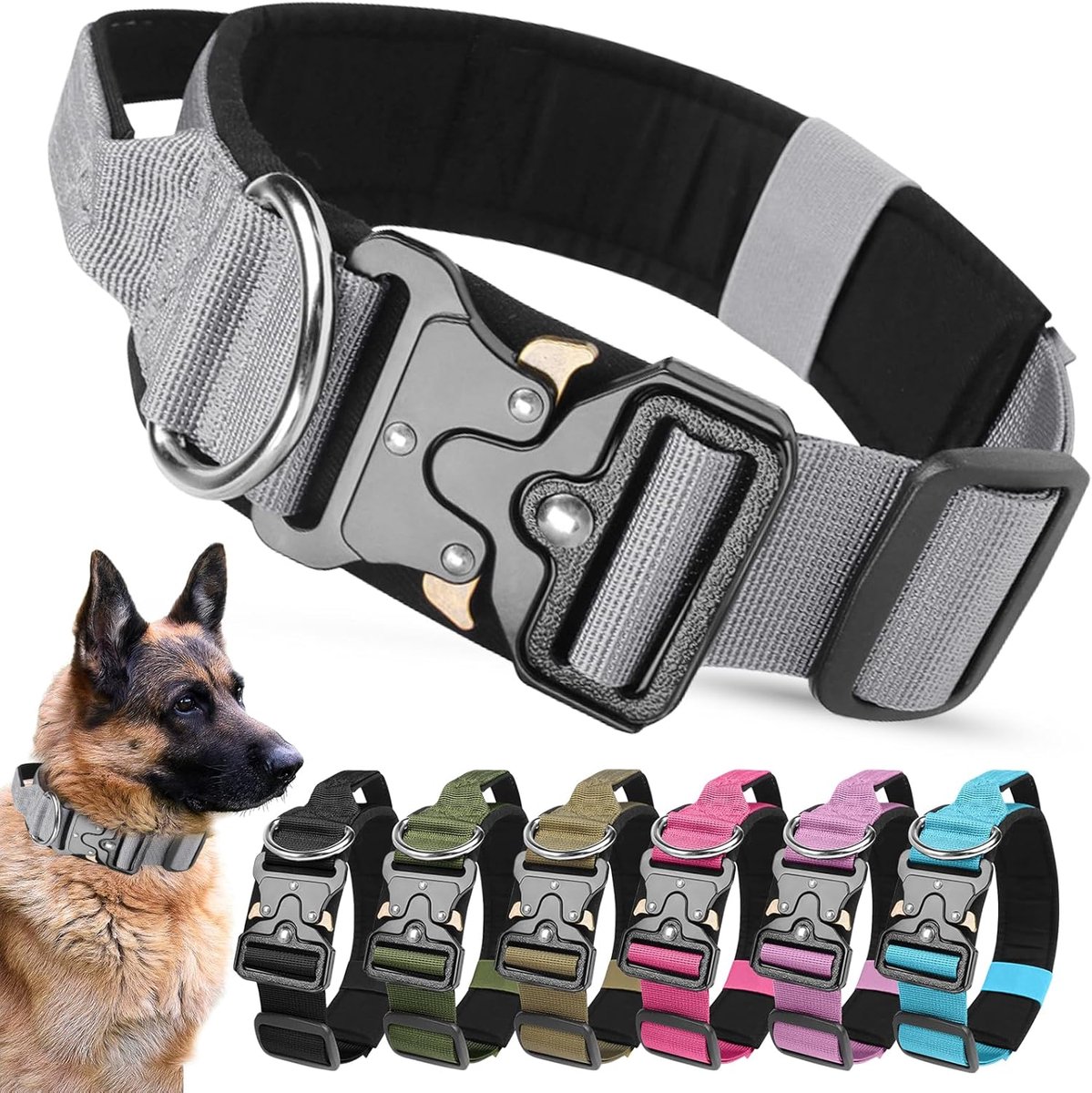 SnelShoppen - Tactical Hondenhalsband met Handvat, Brede Verstelbare Nylon Gevoerde Hondenhalsband voor Middelgrote en Grote Training (Grijs, L)