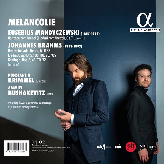 Twee mannen, Konstantin Krimmel (bariton) en Ammiel Bushakevitz (piano), op een donkere achtergrond, met tekst van Alpha Classics.