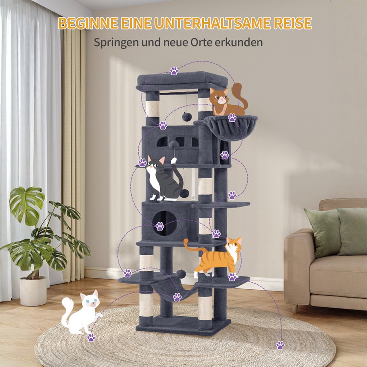 Hzuaneri Krabpaal groot, 170 cm, kattentoren voor Maine-kat, grote kat, meerlaagse krabpaal met grote zitstang, wasbare mat, kattenhuismeubel met 2 holletjes, 8 krabbomen, Donkergrijs thumbnail 5