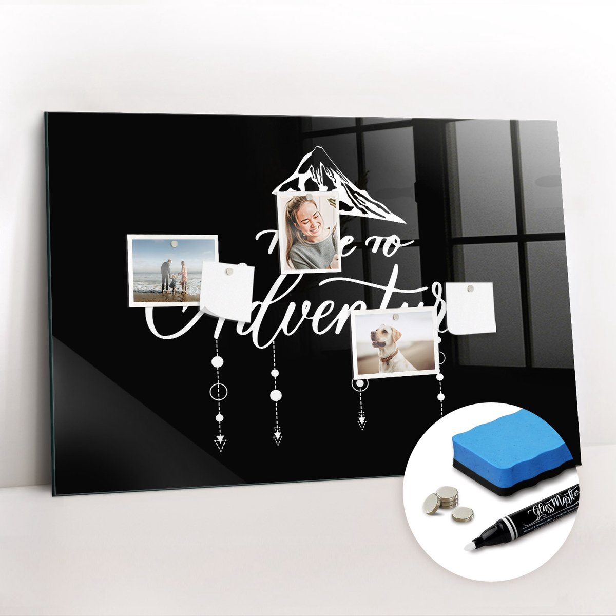 Tulup Whitebord - Avontuurlijke reis - 90 x 60 cm - Zwart Magnetic Board - Gratis 5 Sterke Magneten + Whiteboard Marker & Wisser - Scandinavisch Design Bord - Magneetbord Muur - Planning Muur