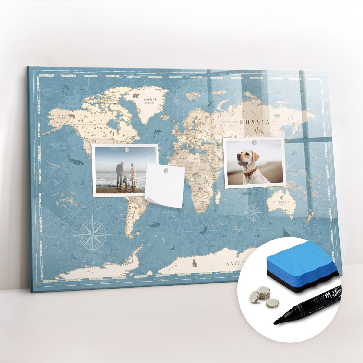 Tulup Whitebord - Vintage wereldkaart - 60 x 40 cm - Blauw Magneetbord Foto - Gratis 5 Sterke Magneten + Whiteboard Marker & Wisser - Organizer Muur - Magnetisch Wandbord - Planning Muur