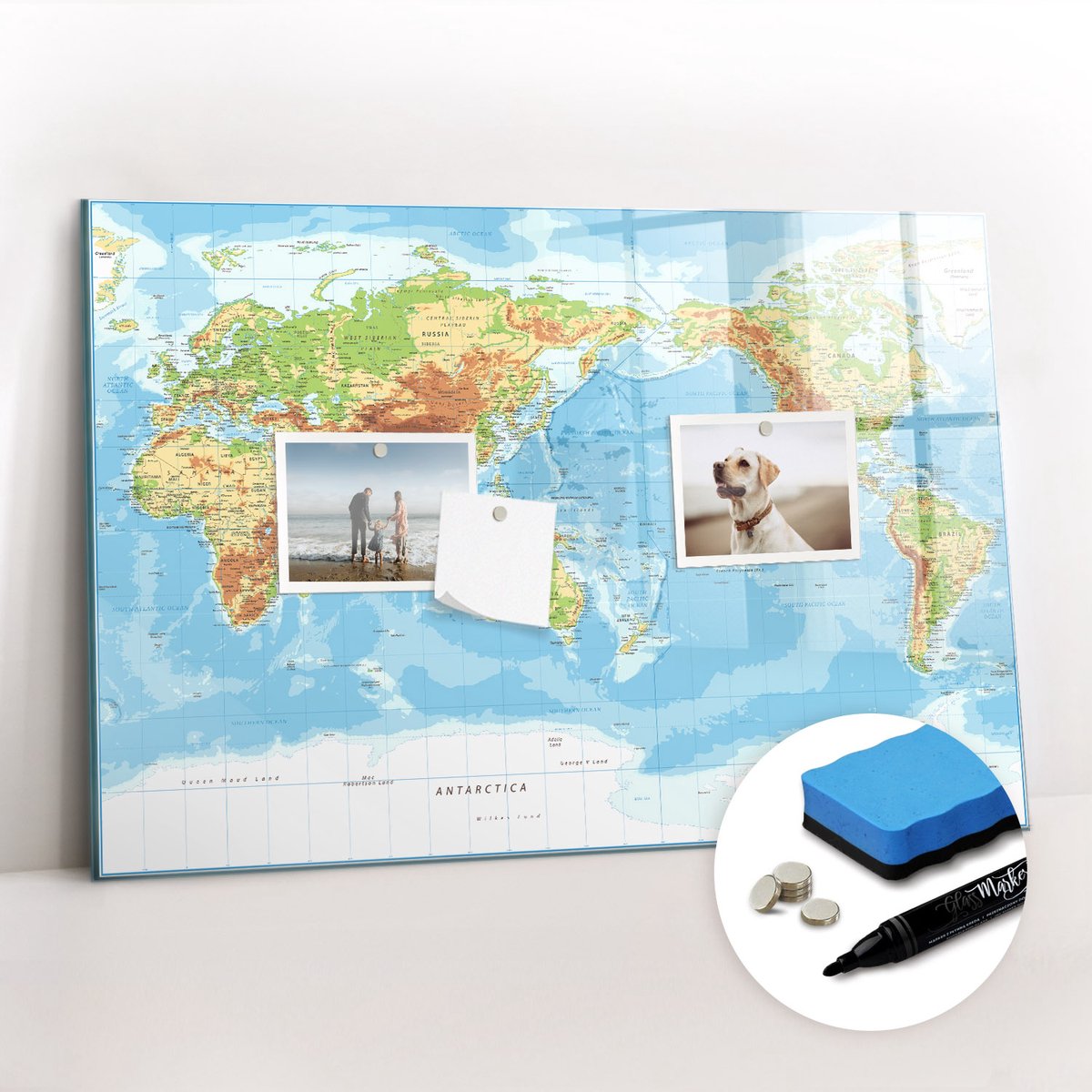 Tulup Whitebord - Fysieke wereldkaart - 60 x 40 cm - Veelkleurig Magneetbord Foto - Gratis 5 Sterke Magneten + Whiteboard Marker & Wisser - Design Memobord - Magnetisch Wandbord - Inspiratiebord Kantoor