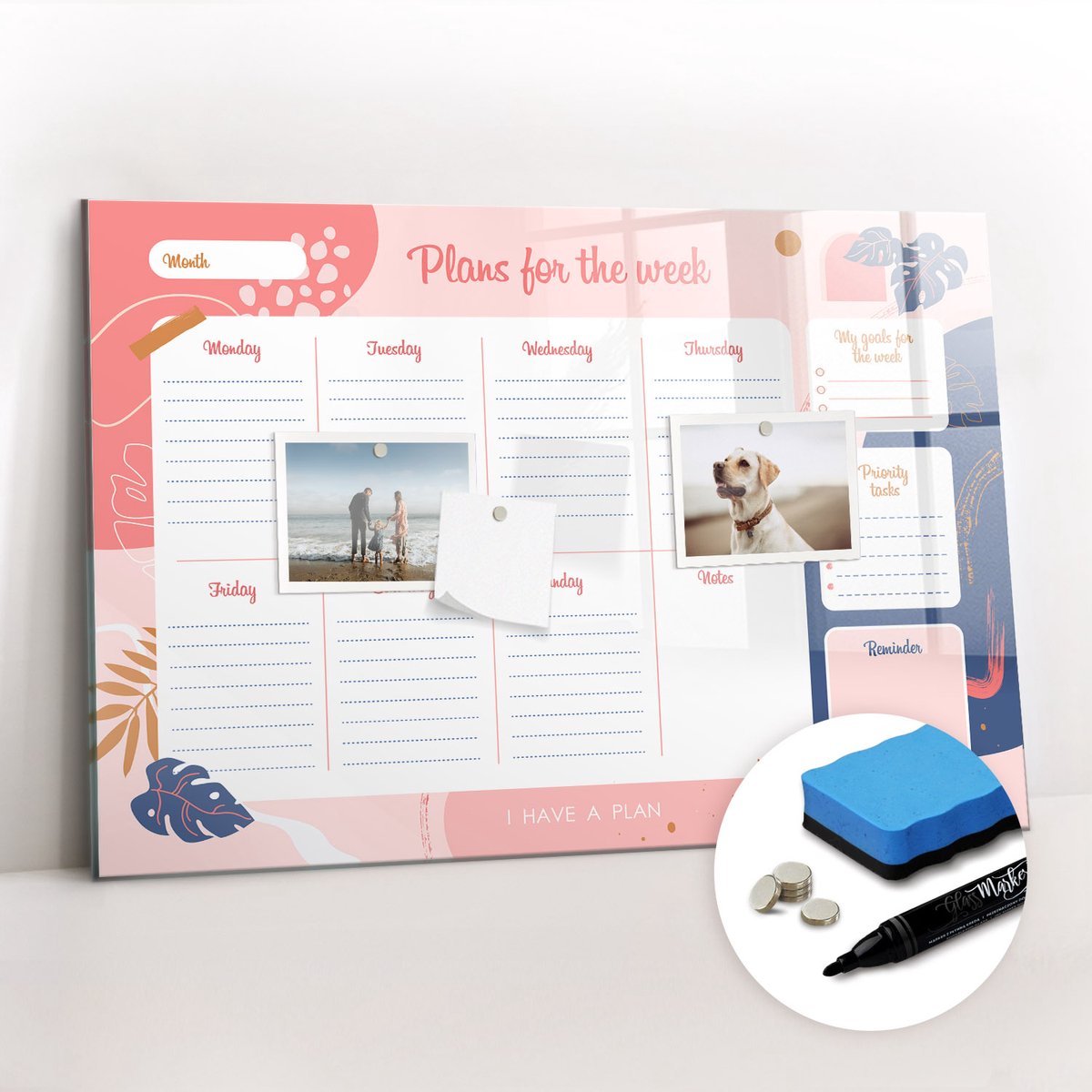 Tulup Whitebord - Weekplanner voor op kantoor - 60 x 40 cm - Veelkleurig Memobord Glas - Gratis 5 Sterke Magneten + Whiteboard Marker & Wisser - Industrieel Wandbord - Magneetbord Rechthoekig - Planning Muur