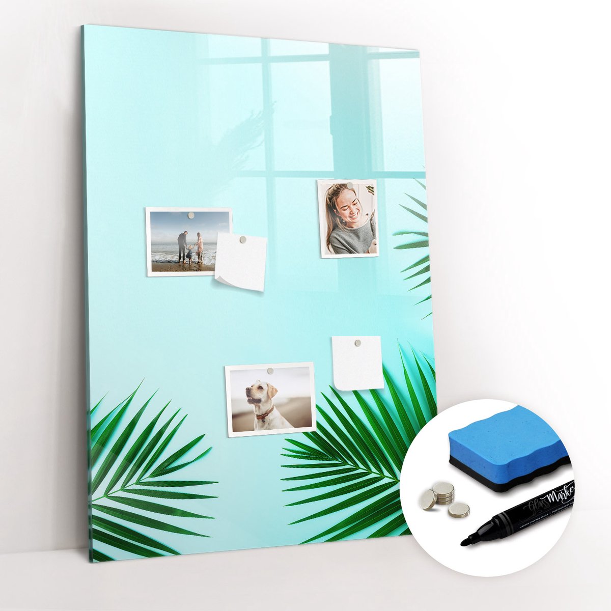 Tulup Whitebord - Tropische bladeren - 70 x 100 cm - Blauw Magnetic Board - Gratis 5 Sterke Magneten + Whiteboard Marker & Wisser - Wanddecoratie Kantoor - Magneetbord Keuken - Productiviteit Tools