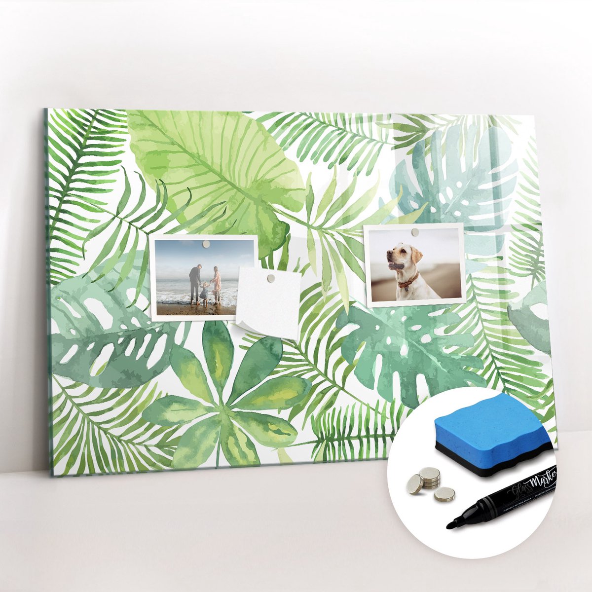 Tulup Whitebord - Tropische palmbladeren - 60 x 40 cm - Groente Memobord Magnetisch - Gratis 5 Sterke Magneten + Whiteboard Marker & Wisser - Stylish Memo Board - Magnetisch Bord Kind - Organiseer Je Bureau