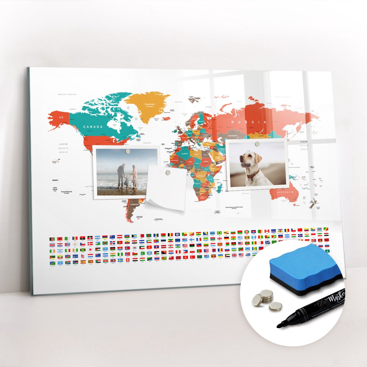 Tulup Whitebord - Kleurrijke wereldkaart - 60 x 40 cm - Veelkleurig Magnetic Board - Gratis 5 Sterke Magneten + Whiteboard Marker & Wisser - Stylish Memo Board - Memobord Glas - Planning Muur