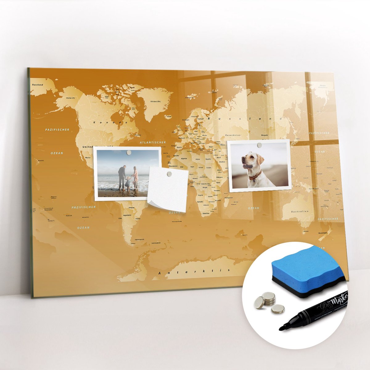 Tulup Whitebord - Klassieke wereldkaart - 60 x 40 cm - Geel Memo Bord - Gratis 5 Sterke Magneten + Whiteboard Marker & Wisser - Organizer Muur - Magnet Board - Organiseer Je Bureau