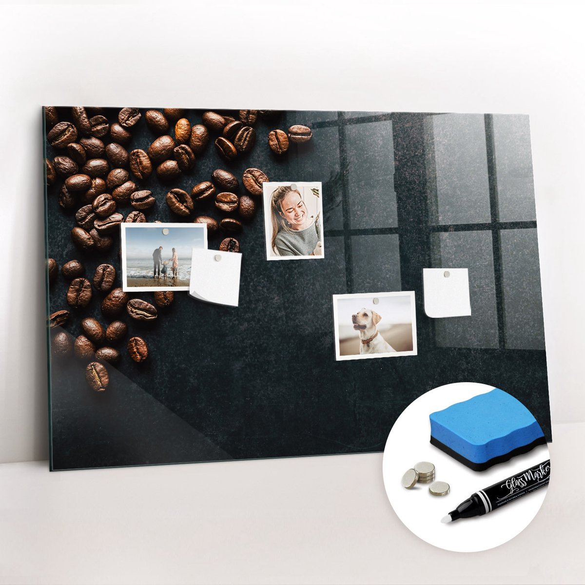 Tulup Whitebord - Groene koffiebonen - 90 x 60 cm - Bruin Metalen magneetborden met lijst - Gratis 5 Sterke Magneten + Whiteboard Marker & Wisser - Moderne Wanddecoratie - Memo Magneetbord - Notitiebord Werkplek