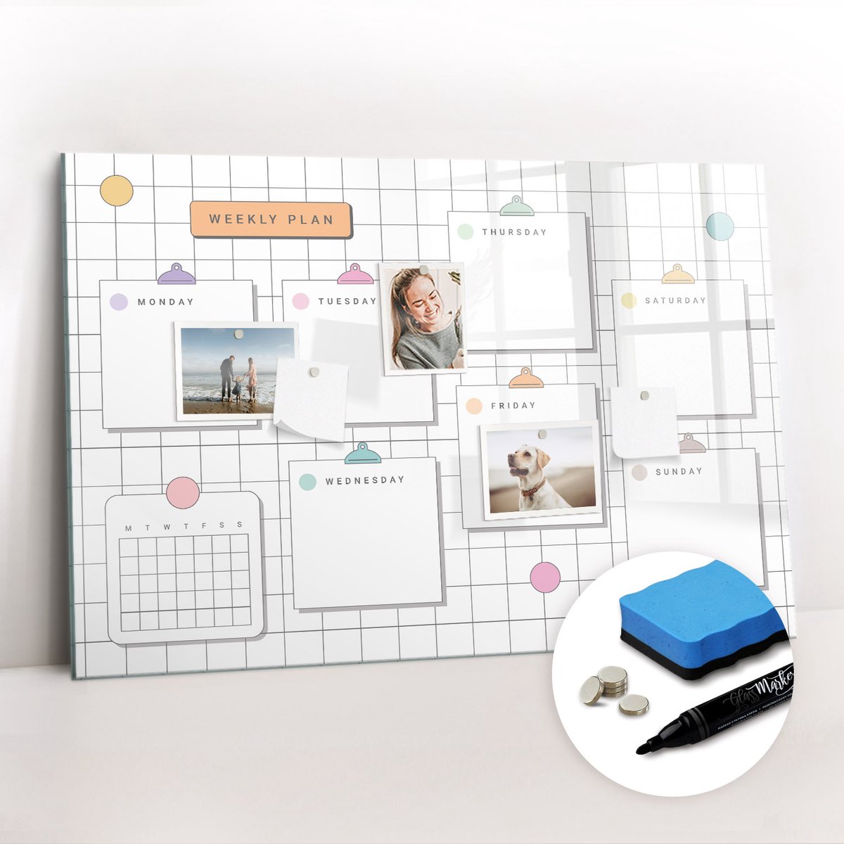 Tulup Whitebord - Weekplan - 90 x 60 cm - Wit Magneetbord Design - Gratis 5 Sterke Magneten + Whiteboard Marker & Wisser - Industrieel Wandbord - Magneetbord Keuken - Inspiratiebord Kantoor
