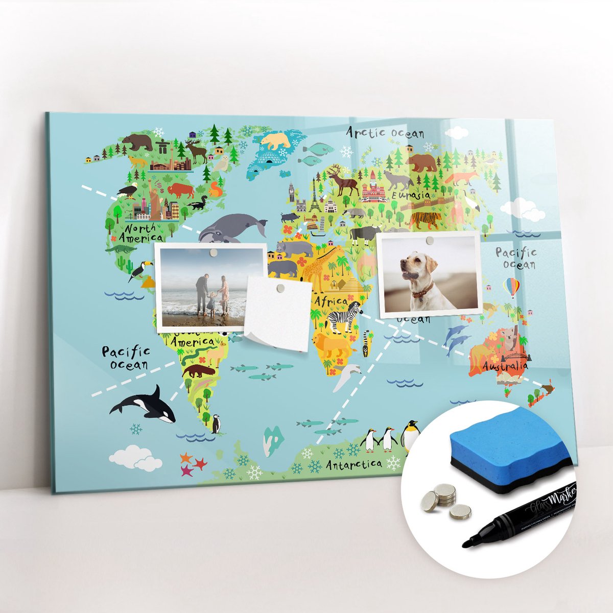 Tulup Whitebord - Geïllustreerde wereldkaart - 60 x 40 cm - Veelkleurig Memobord Glas - Gratis 5 Sterke Magneten + Whiteboard Marker & Wisser - Interieur Accessoires Kantoor - Magnet Board - Inspiratiebord Kantoor