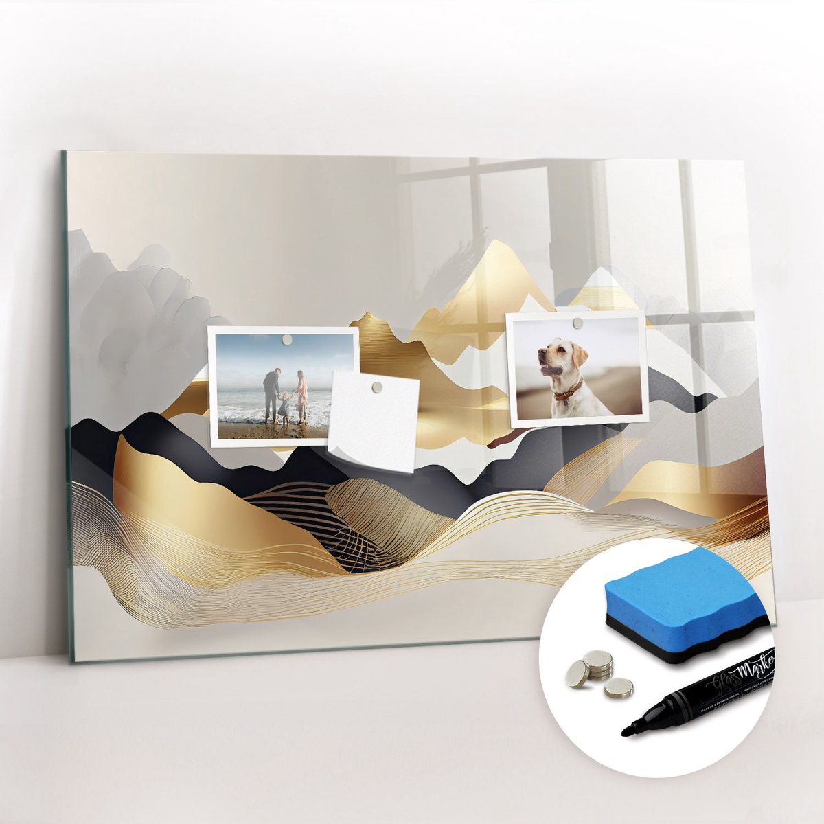 Tulup Whitebord - Abstracte bergen - 60 x 40 cm - Veelkleurig Magnet Board - Gratis 5 Sterke Magneten + Whiteboard Marker & Wisser - Decoratief Magnetisch Bord - Magneetbord Foto - Inspiratiebord Kantoor