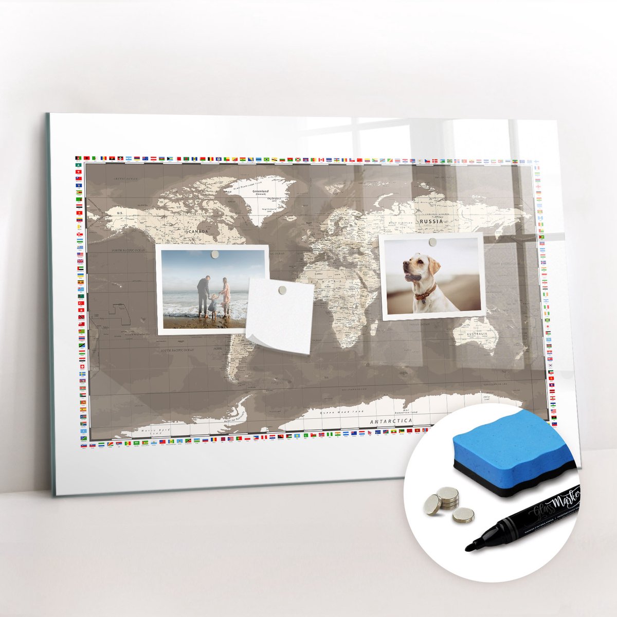 Tulup Whitebord - Bruine wereldkaart - 60 x 40 cm - Bruin Magneetbord Design - Gratis 5 Sterke Magneten + Whiteboard Marker & Wisser - Interieur Accessoires Kantoor - Magneetbord Design - Planning Muur