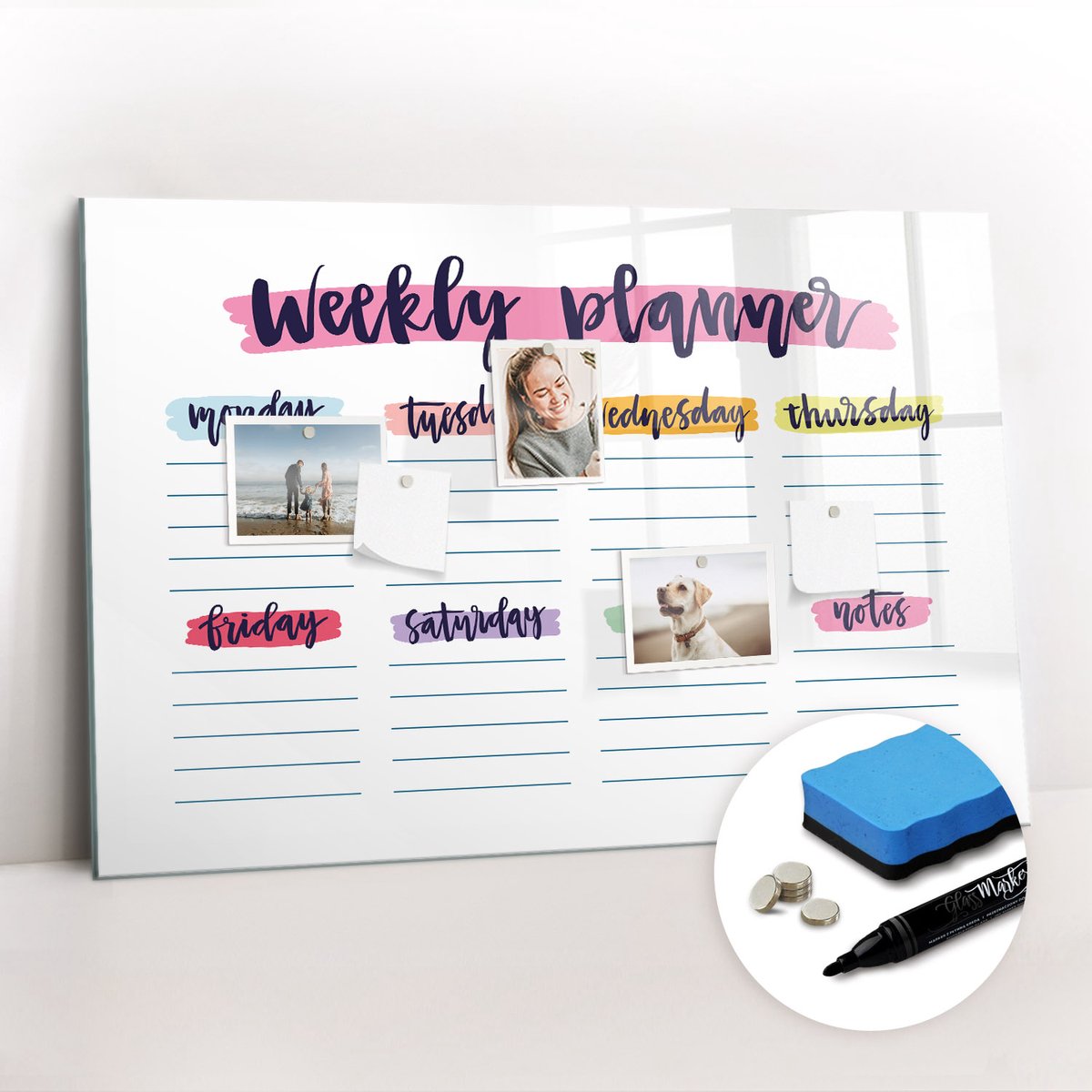 Tulup Whitebord - Handgeschreven planner - 90 x 60 cm - Veelkleurig Memobord Magnetisch - Gratis 5 Sterke Magneten + Whiteboard Marker & Wisser - Stylish Memo Board - Magneetbord Keuken - Organiseer Je Bureau