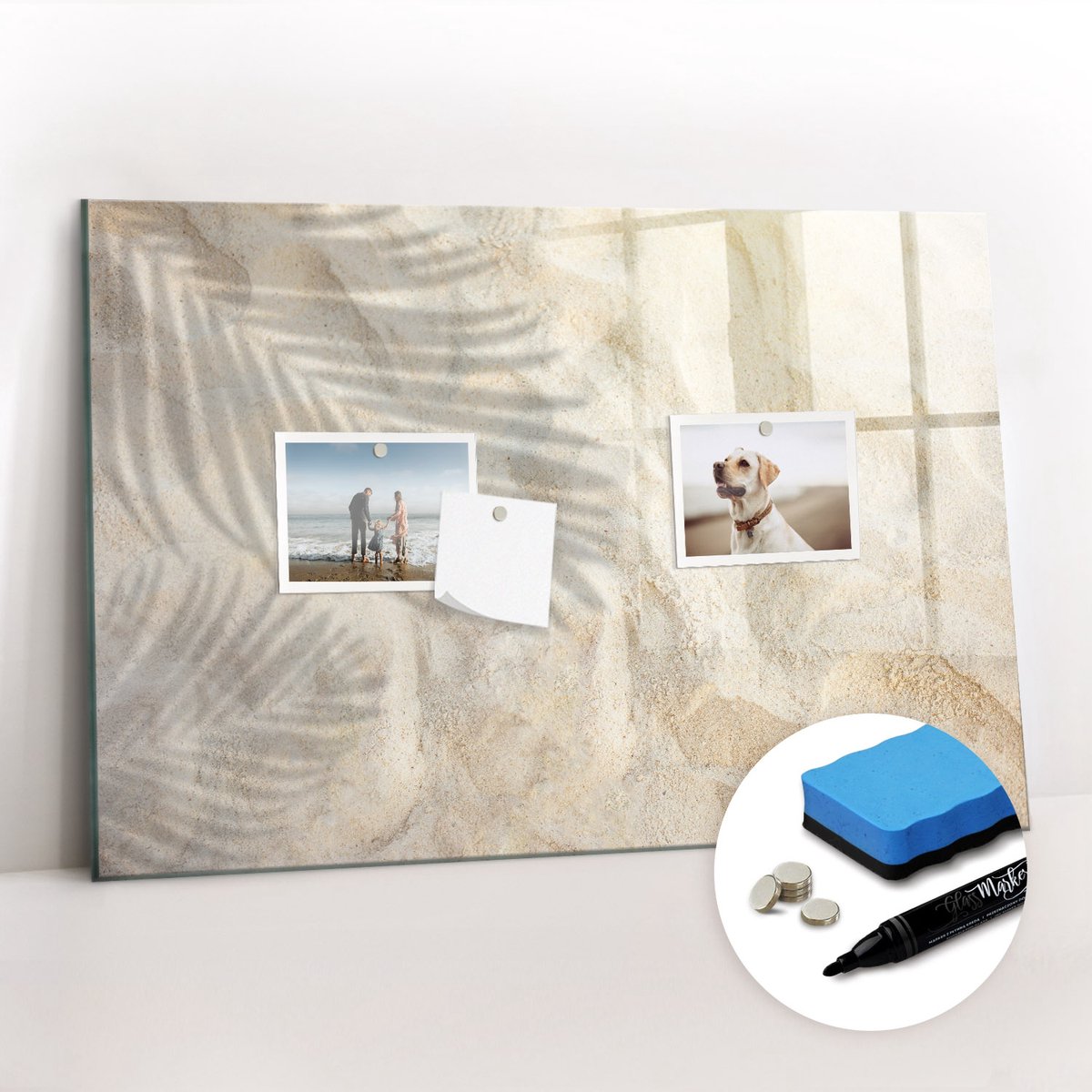 Tulup Whitebord - Schaduw van palmbomen in het zand - 60 x 40 cm - Geel Memobord Keuken - Gratis 5 Sterke Magneten + Whiteboard Marker & Wisser - Wanddecoratie Kantoor - Magneetbord Foto - Ideeënbord Thuiswerkplek