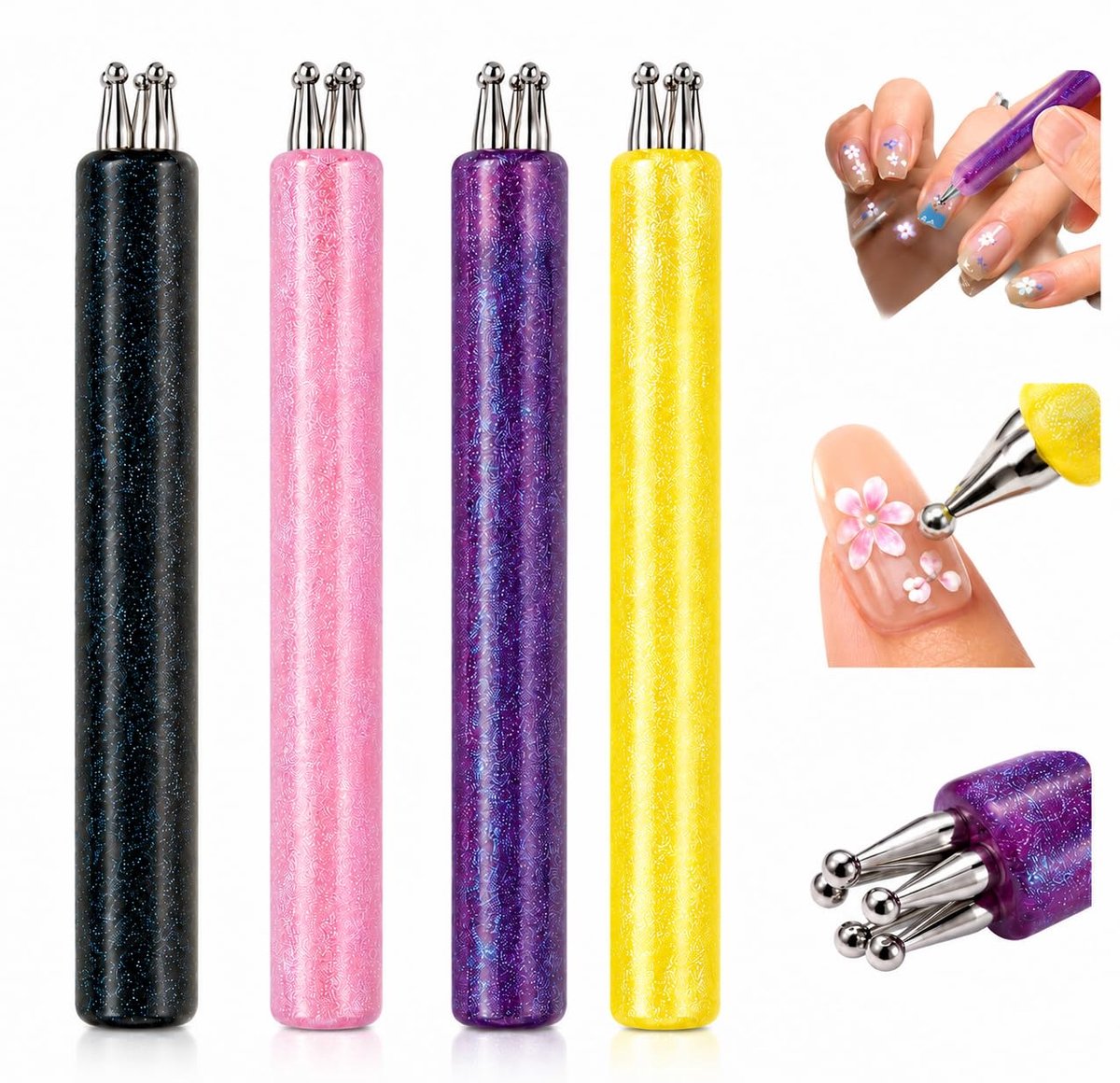 5-Bladige Bloem Nail Dotting Pen - 1.8mm Fijne Punt - One Stroke Bloem Ontwerp - Glitter Handgreep - voor DIY Manicure, Steentjes, Beeldhouwen, Salon - Meerkleurig - 4 Stuks