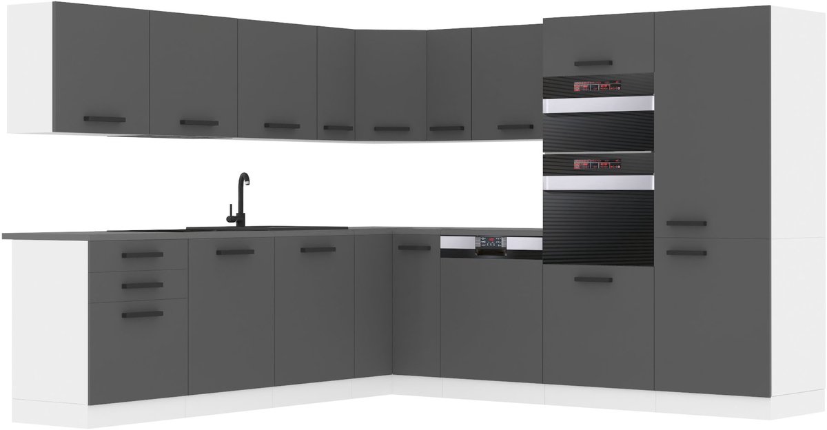 BELINI L-Vorm Keukenblok JANE - Keukenmeubel Set 480 cm Zilver Mat met Werkbladen - Boven- en Onderkasten