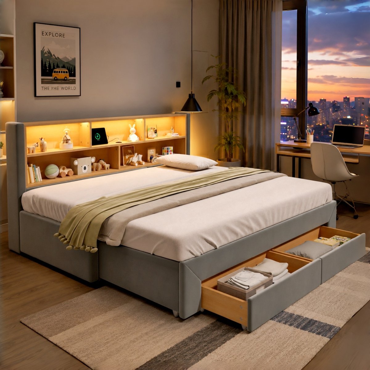 Polsterbed Daybett 90x200 cm - Extra Ruimte met Schubladen LED Verlichting - Samt, Grijs