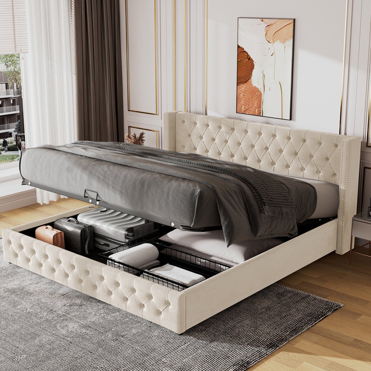 Lit rembourré double 140x190 cm met hydraulische functie - Design Chesterfield Steele in beige - Velours