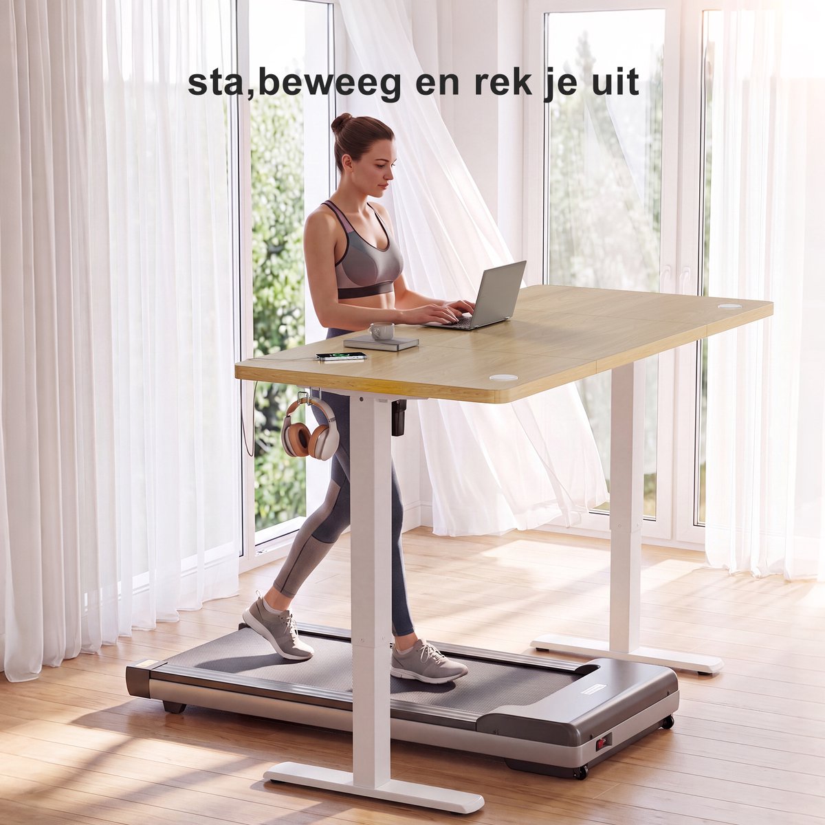 Devoko Elektrisch Verstelbaar Zit-Sta Bureau 100x60 cm Breed – Hoogte 73–118 cm – 2 Geheugenstanden, Zit-Herinnering, LED-Display en USB – Draagvermogen 70 kg – Beige thumbnail 3