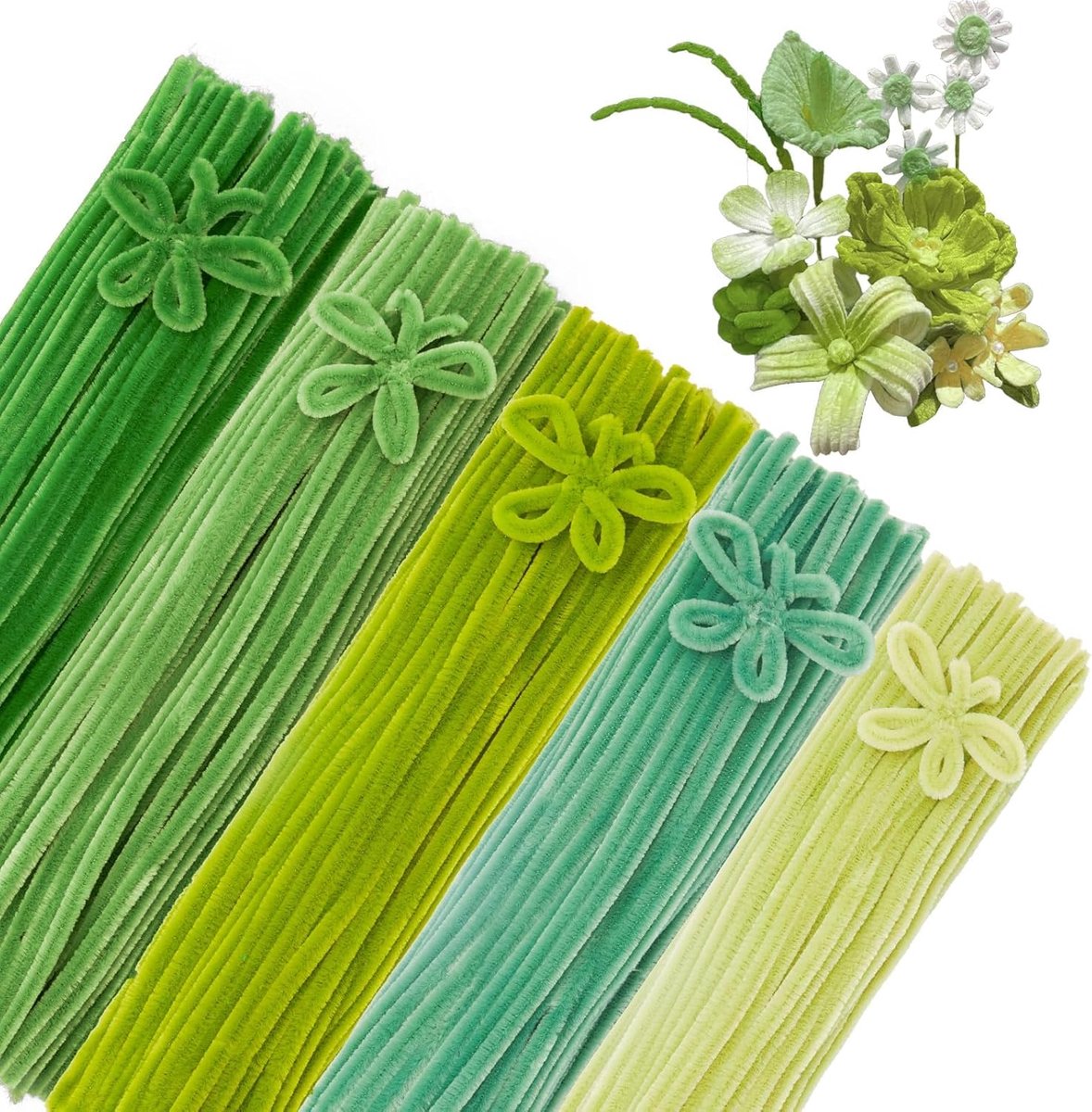 500 Stuks Groen Chenilledraad 30 cm Lang en 8 mm Dik, Kleurrijke Pijpenragers Set voor Knutselen, 5 Pastelkleuren voor DIY Bloemen, Feestdecoraties & Creatieve Projecten